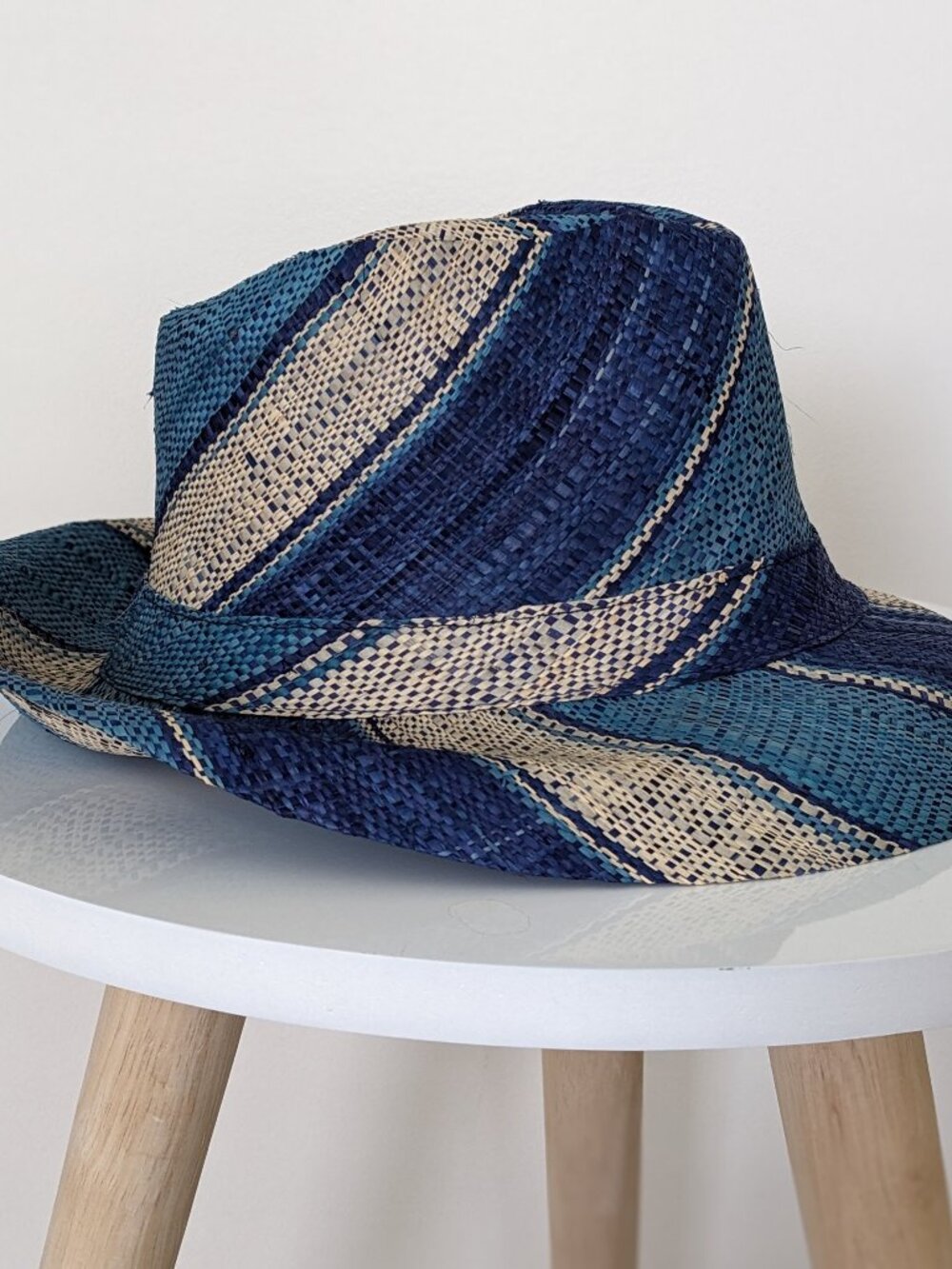 Lightweight raffia fedora hat made in Madagascar, blue